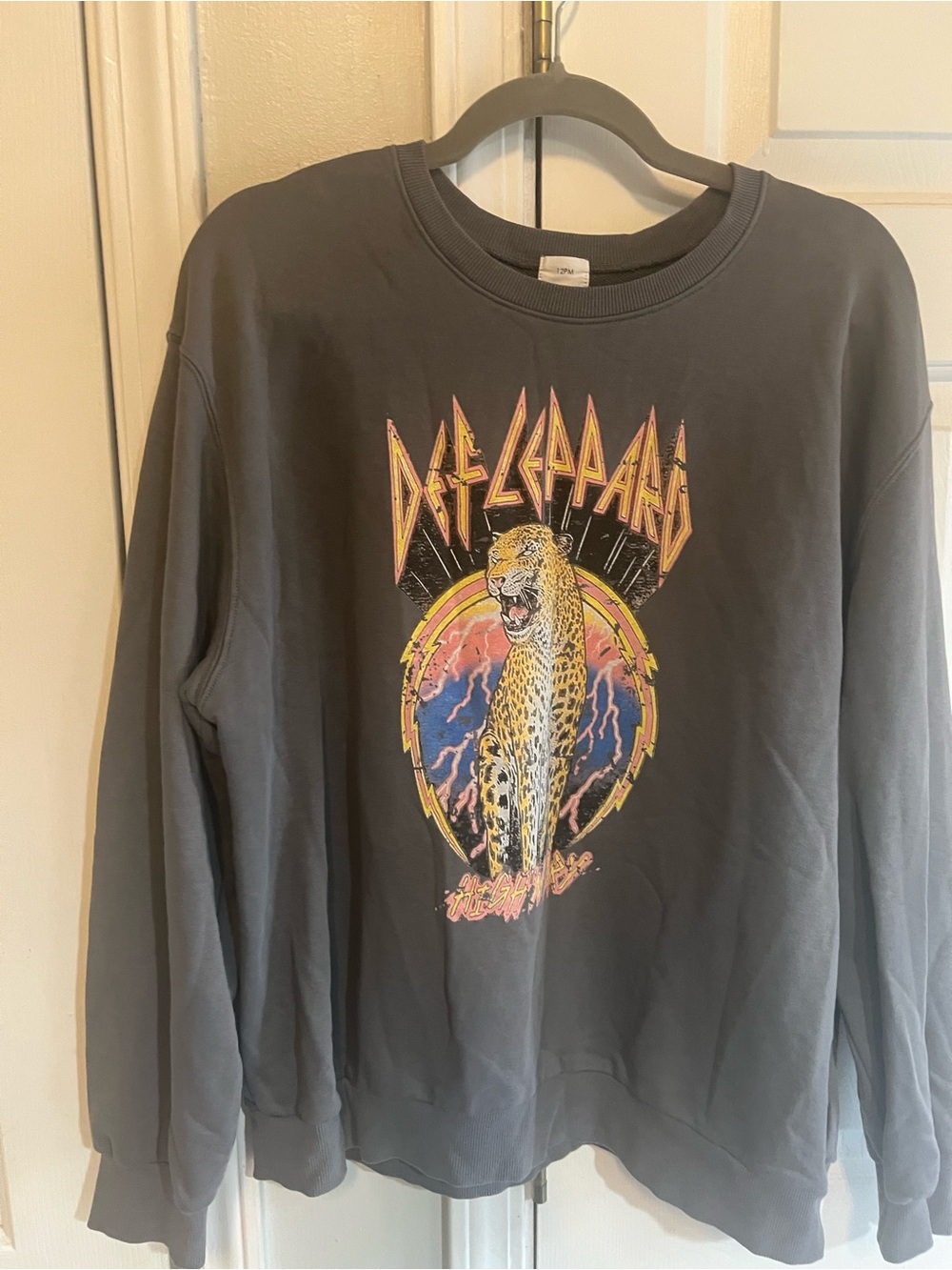 Charcoal Graphic Crewneck Terry Sweatshirt with Def Leopard Motif